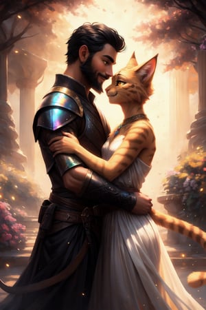 1 boy (non-furry, human male, tall, black hair, black eyes, beard, black armour, scabbard:1.1).

1 girl (female khajiit, short, orange fur, head_fur, golden eyes, smiling, chest_tuft, orange paws, white_dress:1.1). 

In a park setting on a sunny day, warm and inviting atmosphere.

human boy and khajiit girl hugging, looking at each other,  tender gaze, foreheads touching,(Couple, Human_on_anthro, human_on_furry, human/anthro, furry female, human male). 

colorful,  ultra highly detailed,  32 k,  Fantastic Realism complex background,  dynamic lighting,  lights,  digital painting,  intricated pose,  highly detailed intricated,  stunning,  textures,  iridescent and luminescent scales,  breathtaking beauty,  pure perfection,  divine presence,  unforgettable,  impressive,  volumetric light,  auras,  rays,  vivid colors reflects. 