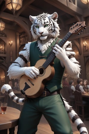 Score_9, score_8_up, score_7_up, score_6_up, score_5_up, A majestic anthropomorphic catman, a white tiger tiefling, stands on a stage in the centre of a bustling fantasy tavern performing on the lute. His slender, lean physique is draped in loose dark green shirt, green vest and pants, and brown leather armor. Bald, with green slit eyes gleaming mischievously, he sports a mischievous grin, showcasing sharp white teeth. His clawed fingers, adorned with black claws on fingertips, are outstretched, holding an intricately detailed lute. He has two left hands. skinny, gaunt, starving, Tiger,Anthro, Furry, Anthro,fluffy,fur,detailed fur,body fur,tuft,Extremely Realistic