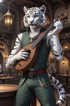 Score_9, score_8_up, score_7_up, score_6_up, score_5_up, A majestic anthropomorphic catman, a white tiger tiefling, stands on a stage in the centre of a bustling fantasy tavern performing on the lute. His slender, lean physique is draped in loose dark green shirt, green vest and pants, and brown leather armor. Bald, with green slit eyes gleaming mischievously, he sports a mischievous grin, showcasing sharp white teeth. His clawed fingers, adorned with black claws on fingertips, are outstretched, holding an intricately detailed lute. He has two left hands. skinny, gaunt, starving, Tiger,Anthro, Furry, Anthro,fluffy,fur,detailed fur,body fur,tuft