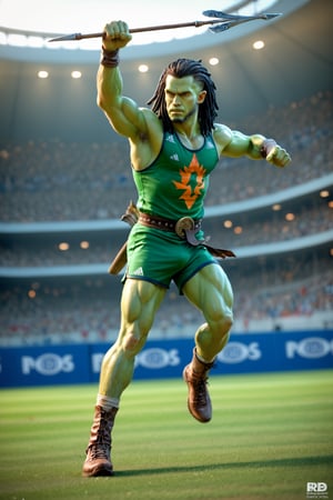 score_9,score_8_up,score_7_up,score_6_up, 4K fantasy anime style, digital drawing mode, green skinned male orc barbarian, orc man with black hair in dreadlocks, wild green eyes, leaning backwards, wearing sports clothes reminiscent of primitive barbarian armor adorned with skulls and golden tribal tattoos, male olympic athlete, holding a long (spear, javelin) up across his chest ready to throw, background of an olympic stadium, green skin tone, full_body, dynamic pose, throwing, detailed clothing and skin texture, sports shoes, full HD, 4K, HDR, depth of field, action shot, holding javelin, raised hand, realistic, photoreal, photorealistic,source_anime,Unlimited Blade Works,Spear,holding weapon, green body, green hands