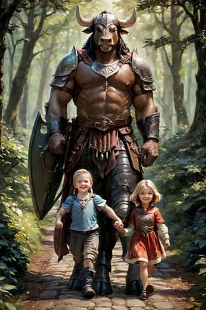 score_9, score_8_up, score_7_up, score_6_up, score_5_up, In a warm and serene sunlight, an older Minotaur male with two children, his young human son and daughter, walk hand-in-hand down a winding forest road. The mighty Minotaur carries his children on his shoulders, their arms wrapped around his neck as they gaze up at him. His strong cloven hooves firmly planted on the earth, he radiates protection and guidance. Beside him, the young boy dons a simple tunic, spear in hand, while the little girl wears a floral dress and hat, her blonde locks bouncing with each step. source_anime, source_real, 3characters (1anthro, 1boy, 1girl), 1ANTHRO (\A mighty Minotaur, semirealistic, giant, muscular, male, minotaur, cow tail, furry hands, cloven hooves, breastplate, chest armour platemail, cloak, closed shirt, padded jacket, tunic, trousers, chainmail, furry cape, large backpack, sword\), 1GIRL (\little girl, young, blonde, HUMAN, child, long hair, fully clothed, floral dress, hat\), 1BOY (\ young boy, human, dark hair, bag, Leather armour, standing, spear, helmet\), (grinning, smiling, happy expression, friendly, big grin,open mouth, teeth, cheesy grin), SUPERQUALITY,more detail XL,carrying, arms around neck, on shoulders, shoulder carry, holding hands, fully_clothed, fully_dressed,princess carry