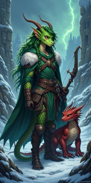 (4k), (masterpiece), (best quality),(extremely intricate), (realistic), (sharp focus), (award winning), (cinematic lighting), (extremely detailed), Create a detailed fantasy image of a female anthro green gem dragonborn thief and her beast companion cowering and shivering in a snow-covered landscape of Icewind Dale. She has vibrant green scales, green dreadlocks, and is clad in ill-fitting, heavily layered, rugged, fur-lined armor suitable for the harsh, icy climate. She carries a large, menacing bow with a serpentine design, and her eyes are filled with fear and uncertainty as she shivers and holds herself afainst the cold. By her side is a four-legged feral wingless red dragon named "CINDER", who exudes a faint warmth against the cold. The background shows a bleak, frozen wilderness with hints of ancient ruins buried in snow, under a sky that is perpetually dark and stormy,DragonToonFlux, dragon anthro, green scsrf, green cloak, fur_lining, fur_trim, fully clothed, semi-real, snout, scalie