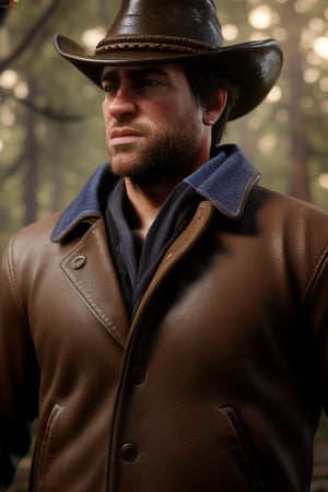 photorealistic,arthur_morgan,male focus, 1man, solo, Sexy Muscular, facial hair, beard, arm hair, muscular, cowboy hat, (brown leather jacket), blue shirt, looking at viewer, pet rat on shoulder, evening, outdoors, Standing in a dark forest. soft natural light, photographic, extremely detailed, intricate, anatomically correct, anatomically_correct, (Masterpiece, intricate details, Best Quality), 10K high resolution, masterpiece, photograph:1.5 , realistic, full_body 