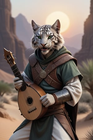 clawed fingers, 4 fingers, black claws on fingertips, thumbs visible, male, masculine, smiling, grinning, smirking, open mouthed grin, playing the lute,holding the lute, stringed instrument, a tall furry anthropomorphic white tigerman with white and grey and black fur and with green slit eyes,short hair, tail behind, playing the lute while walking in an arabian desert, wearing a leather armour chest piece over a dark green tunic with a dark green hood, holding the lute, highest quality,hi res,best quality, dark green clothing, desert background, evening,setting sun in background, holding the lute, tail visible in bottom right of image