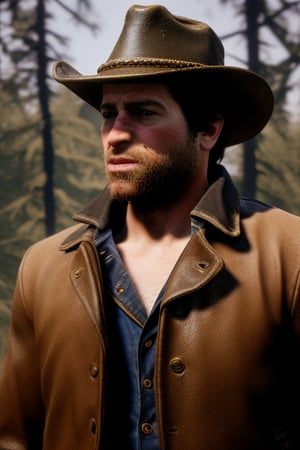 photorealistic,arthur_morgan,male focus, 1man, solo, Sexy Muscular, facial hair, beard, arm hair, muscular, cowboy hat, (brown leather jacket), blue shirt, looking at viewer, rat, pet rat, rat on shoulder, evening, outdoors, Standing in a dark forest. soft natural light, photographic, extremely detailed, intricate, anatomically correct, anatomically_correct, (Masterpiece, intricate details, Best Quality), 10K high resolution, masterpiece, photograph:1.5 , realistic, full_body,Animal,Animal Photography,Wild Life,Realistic,Raw photo,Macro photography