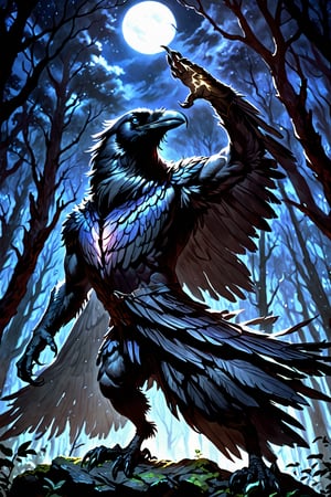 Score_9, Score_9_up,  score_8_up,  score_7_up, score_6_up, score_5_up, A majestic half-man, half-raven creature stands tall in a dark forest at night. The camera zooms in on its face, sharp focus revealing piercing bright blue eyes that seem to glow with an otherworldly intensity. Its raven-headed features are set in a determined expression, with sharp jawline and prominent cheekbones. A flowing black cloak billows behind it like a dark cloud. In the background, twisted tree branches loom large under the moonlight. Black wings sprout from its back, covered in high-detail black feathers that appear as soft as silk. Strong arms end in razor-sharp talons. The subject's grey feather beard catches the faint light, adding an air of mystique to its already formidable presence. SUPERQUALITY, black beak, (grey hair:0.7), black body, black fur, body feathers, body fur, black fur, black feathers, talons, male, masculine, ravens