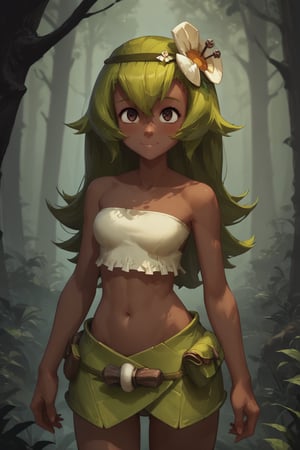 score_9, score_8_up, score_7_up, score_6_up, source_cartoon, source_anime, Amalia, 1girl, solo, dark skin, green hair, long hair, brown eyes, white bandeau, green skirt, forest, cowboy shot, navel, hair flower, score_5_up, score_4_up,Expressiveh,concept art,dark theme, detailed eyes, dreamy eyes, blush, slight smile.