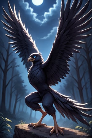 Score_9, Score_9_up,  score_8_up,  score_7_up, score_6_up, score_5_up, source_furry, source_real, A majestic half-man, half-raven creature stands tall in a dark forest at night. Sharp focus on its face reveals piercing bright blue eyes that seem to glow with an otherworldly intensity. Its raven-headed features are set in a determined expression, with sharp jawline and prominent cheekbones. Big black wings sprout from its back, covered in high-detail black feathers that appear as soft as silk. The creature's arms are strong and imposing, ending in razor-sharp talons. It wears a flowing black cloak that billows behind it like a dark cloud. In the background, trees loom large, their branches twisted and gnarled under the moonlight.

avian, high detail, sharp focus, monster, black cloak, forest, night, hyper realistic, black feathers, ravens, full body, talons