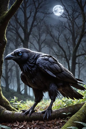 Score_9, Score_9_up,  score_8_up,  score_7_up, score_6_up, score_5_up, A majestic half-man, half-raven creature stands tall in a dark forest at night. The camera zooms in on its face, sharp focus revealing piercing bright blue eyes that seem to glow with an otherworldly intensity. Its raven-headed features are set in a determined expression, with sharp jawline and prominent cheekbones. A flowing black cloak billows behind it like a dark cloud. In the background, twisted tree branches loom large under the moonlight. Black wings sprout from its back, covered in high-detail black feathers that appear as soft as silk. Strong arms end in razor-sharp talons. The subject's grey feather beard catches the faint light, adding an air of mystique to its already formidable presence. SUPERQUALITY, black beak, (grey hair:0.7), black body, black fur, body feathers, body fur, black fur, black feathers, talons, male, masculine, ravens