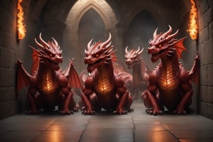 Generate hyper realistic image of four small bestial red dragons with red skin that reflects light in mesmerizing patterns, giving them an ethereal and otherworldly appearance.  in a stone hallway, looking at viewer, staring, breathing fire at viewer, advancing threateningly.,more detail XL,byz