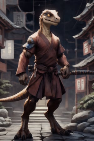 short orange anthro velociraptor, yellow eyes and black sclera, horns on head. wearing red buddhist monk robes with short sleeves. long two-handed wooden stick across body,held in both hands. in the background a Japanese tori gate.