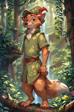 score_9, score_8_up, score_7_up, score_6_up, score_5_up, score_4_up, disney, robin hood, fully clothed, solo, male fox, source_furry, source_cartoon, retro style,detailed fur,body fur,tuft,fluffy, bushy tail, brown eyes, headwear, tunic, full body, confident, handsome, smiling, in the forest, up a tree, standing on branch