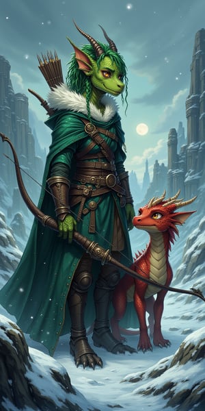 (4k), (masterpiece), (best quality),(extremely intricate), (realistic), (sharp focus), (award winning), (cinematic lighting), (extremely detailed), Create a detailed fantasy image of a female anthro green gem dragonborn thief and her beast companion cowering and shivering in a snow-covered landscape of Icewind Dale. She has vibrant green scales, green dreadlocks, and is clad in ill-fitting, heavily layered, rugged, fur-lined armor suitable for the harsh, icy climate. She carries a large, menacing bow with a serpentine design, and her eyes are filled with fear and uncertainty as she shivers and holds herself afainst the cold. By her side is a four-legged feral wingless red dragon named "CINDER", who exudes a faint warmth against the cold. The background shows a bleak, frozen wilderness with hints of ancient ruins buried in snow, under a sky that is perpetually dark and stormy,DragonToonFlux, dragon anthro, green scsrf, green cloak, fur_lining, fur_trim, fully clothed, semi-real, snout, scalie, dreadlocks, gaunt, scared,  worried expression