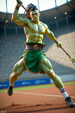 score_9,score_8_up,score_7_up,score_6_up, 4K fantasy anime style, digital drawing mode, green skinned male orc barbarian, orc man with black hair in dreadlocks, wild green eyes, leaning backwards, wearing sports clothes reminiscent of primitive barbarian armor adorned with skulls and golden tribal tattoos, male olympic athlete, holding a long (spear, javelin) up across his chest ready to throw, background of an olympic stadium, green skin tone, full_body, dynamic pose, throwing, detailed clothing and skin texture, sports shoes, full HD, 4K, HDR, depth of field, action shot, holding javelin, raised hand, realistic, photoreal, photorealistic,source_anime,Unlimited Blade Works,Spear,holding weapon, aiming, green body, green hands