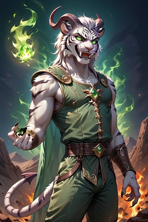 Score_9, score_8_up, score_7_up, score_6_up, score_5_up, A majestic anthropomorphic catman, a white tiger tiefling, stands tall amidst a desolate desert evening. His slender, lean physique is draped in loose dark green shirt, green vest and pants, and brown leather armor, with a black translucent cape flowing behind him. Bald, with green slit eyes gleaming mischievously, he sports an evil grin, showcasing sharp white teeth. His clawed fingers, adorned with black claws on fingertips, are outstretched, holding crackling white fire between them as if defying gravity. In mid-air, he levitates, exuding a sense of telekinetic power. green fire magic, glowing, evil, demonic, demon, scary, curved horns, tiefling, horns.,Tiefling,tail, pointed ears, colored s, skinny, gaunt, starving, 