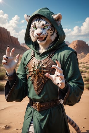 Score_9, score_8_up, score_7_up, score_6_up, score_5_up, anthro white tiger tiefling, a tall furry anthropomorphic catman, (white and grey striped fur), green slit eyes, clawed fingers, 4 fingers, black claws on fingertips, male, skinny, gaunt, (smiling, grinning, smirking, open mouthed grin), wearing (leather armour chest piece over a dark green tunic with a dark green hood, loose garments, baggy clothes), highest quality,hi res,best quality, realistic, hyper-realistic, photorealistic, dark green clothing, desert background, evening,setting sun in background, full_body, (Tiefling:0.8), W3R3C4T, shrugging shoulders, showing palms, showing hands, palms out, arms outstretched, looking at viewer, welcoming, relaxed, carefree attitude 