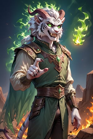 Score_9, score_8_up, score_7_up, score_6_up, score_5_up, A majestic anthropomorphic catman, a white tiger tiefling, stands tall amidst a desolate desert evening. His slender, lean physique is draped in loose dark green shirt, green vest and pants, and brown leather armor, with a black translucent cape flowing behind him. Bald, with green slit eyes gleaming mischievously, he sports an evil grin, showcasing sharp white teeth. His clawed fingers, adorned with black claws on fingertips, are outstretched, holding crackling white fire between them as if defying gravity. In mid-air, he levitates, exuding a sense of telekinetic power. green fire magic, glowing, evil, demonic, demon, scary, curved horns, tiefling, horns.,Tiefling,tail, pointed ears, colored s, skinny, gaunt, starving, 