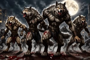 dystopian art, group shot, pack of werewolves, anthropomorphic creatures with human-like body but wolf-like heads, epic fantasy character art, black torn cape, gauntlets, golden eyes, background with full moon, DnD, in the style of realistic and hyper-detailed renderings, 8k, detailed eyes, glowing eyes, epic, dramatic, fantastical, full body, intricate design and details, dramatic lighting, shaggy fur, body fur, clawed_toes, clawed_fingers, skinny, rakish, gaunt, hungry, starving, drooling, (anthro male wolf:1.2), wolf_male, monster, multiple_boys,werewolf, (on all fours:0.7), dynamic poses, menacing, blood, gore