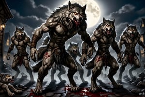 In a desolate, moonlit village, a pack of anthropomorphic werewolves stands in unison, their human-like bodies clothed in tattered armor. A dominant figure, with black torn cape billowing behind him, commands the scene. His golden eyes glow with an otherworldly intensity as he surveys his domain. Each werewolf's wolf-like head is adorned with a unique expression: hunger and starvation writ large on their faces, gaunt cheeks and jawlines accentuated by the flickering moonlight. Clawed toes and fingers flex menacingly, threatening to rend the air. The group's dynamic poses convey a sense of feral tension, as if they are poised to strike at any moment, bathed in the eerie glow of the full moon. dystopian art, group shot, pack of werewolves, anthropomorphic creatures with human-like body but wolf-like heads, epic fantasy character art, black torn cape, gauntlets, golden eyes, background with full moon, DnD, in the style of realistic and hyper-detailed renderings, 8k, detailed eyes, glowing eyes, epic, dramatic, fantastical, full body, intricate design and details, dramatic lighting, shaggy fur, body fur, clawed_toes, clawed_fingers, skinny, gaunt, hungry, starving, drooling, (anthro wolf),wolf_man, monster, multiple_boys,werewolf, dynamic poses, menacing, blood, gore,shenshou