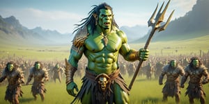 4K anime style, digital drawing mode, fantasy green skinned male orc barbarian, black hair in dreadlocks, wild green eyes, wearing primitive barbarian armor adorned with skulls and golden tribal symbols, golden tattoos, gold shoulder piece, holding a long javelin over his shoulder ready to throw, background of an expansive rolling grassland savannah, several other orcs chase a colourful herd of fantasy animals resembling deer in the distance, green skin tone, full_body, dynamic pose, mid-throw, life size, perfect anatomy, detailed clothing and skin texture, full HD, 4K, HDR, depth of field.,action shot, looking away, holding javelin, raised hand