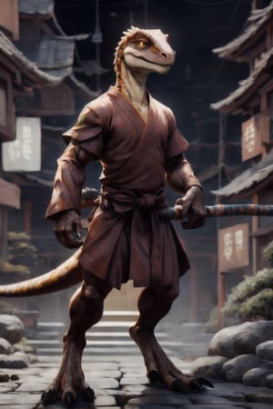 short orange anthro velociraptor, yellow eyes and black sclera, horns on head. wearing red buddhist monk robes. long two-handed wooden stick. in the background a Japanese tori gate.