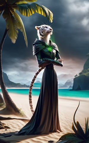 1boy, white tiger furry, a very skinny anthro white tiger man, extreme skinny, weak, helpless, outside, on a tropical island, at the beach, standing in the sand, famished, malnourished, starving to death, very close to dying from hunger, twilight, soft lighting, masterpiece, best quality, high quality, highres, absurdres, very detailed, high resolution, sharp, sharp image, 8k, vivid, colorful, stunning, aesthetic, skinny, weak evil mood, weak mimic , mean face, evil expressions, fully clothed, (wearing (leather armour:1), chest plate, cloak, robes, tunic), flowing robes, loose fabric, sleeves, green-magic, using green-magic, green-aura,photography, hi res, white fur, white body, two-tone fur,Tiefling,DonM3v1lM4dn355XL 