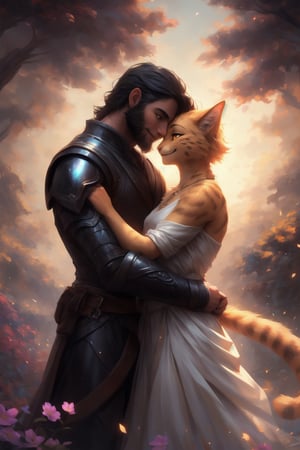 1 boy (non-furry, human male, tall, black hair, black eyes, beard, black armour, scabbard:1.1).

1 girl (female khajiit, short, orange fur, head_fur, golden eyes, smiling, chest_tuft, orange paws, white_dress:1.1). 

In a park setting on a sunny day, warm and inviting atmosphere.

human boy and khajiit girl hugging, looking at each other,  tender gaze, foreheads touching,(Couple, Human_on_anthro, human_on_furry, human/anthro, furry female, human male). 

colorful,  ultra highly detailed,  32 k,  Fantastic Realism complex background,  dynamic lighting,  lights,  digital painting,  intricated pose,  highly detailed intricated,  stunning,  textures,  iridescent and luminescent scales,  breathtaking beauty,  pure perfection,  divine presence,  unforgettable,  impressive,  volumetric light,  auras,  rays,  vivid colors reflects. 