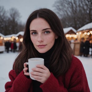 make the background look like a christmas market in a small village, christmas tree in the background, candle light full-length picture, warm lighting, medium hair, detailed face, detailed nose, woman wearing a comfy turtle neck and a winter jacket, drinking from a cup, freckles, smirk, realism, realistic, raw, analog, woman, portrait, photorealistic, analog ,realism
