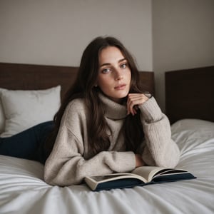 make the background look like a comfy and big bed, lots of pillows on the bed, candle light full-length picture, warm lighting, medium hair, detailed face, detailed nose, woman wearing a comfy turtle neck, reading a book without title and navy blue cover, freckles, smirk, realism, realistic, raw, analog, woman, portrait, photorealistic, analog ,realism
