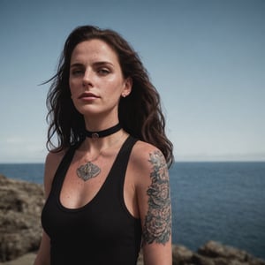 make the background look like a more fun place, a place with a sea view, photo, full-length picture, dramatic lighting, medium hair, detailed face, detailed nose, woman wearing tank top, freckles, collar or choker, smirk, tattoo, realism, realistic, raw, analog, woman, portrait, photorealistic, analog ,realism