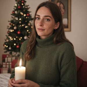 make the background look like a family gathering on christmas, christmas tree in the background, candle light full-length picture, warm lighting, medium hair, detailed face, detailed nose, woman wearing a comfy turtle neck, freckles, smirk, realism, realistic, raw, analog, woman, portrait, photorealistic, analog ,realism