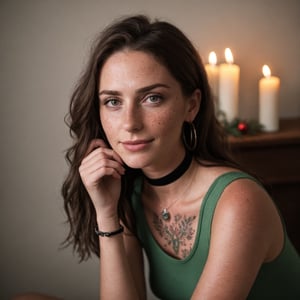 make the background look like a family gathering on christmas, christmas tree in the background, candle light full-length picture, warm lighting, medium hair, detailed face, detailed nose, woman wearing tank top, freckles, collar or choker, smirk, tattoo, realism, realistic, raw, analog, woman, portrait, photorealistic, analog ,realism