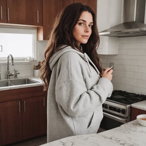 make the background look like kitchen, very tidy, some knifes and clean dishes on the counter and some vegetables, full-length picture, warm lighting, medium hair, detailed face, detailed nose, woman wearing a christmas hoodie without any text, standing behind the kitchen counter as if you caught here in the moment, freckles, smirk, realism, realistic, raw, analog, woman, portrait, photorealistic, analog ,realism