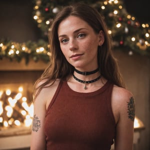 make the background look like a small village in christmas, full-length picture, warm lighting, medium hair, detailed face, detailed nose, woman wearing tank top, freckles, collar or choker, smirk, tattoo, realism, realistic, raw, analog, woman, portrait, photorealistic, analog ,realism
