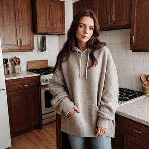 make the background look like kitchen, very tidy, some knifes and clean dishes on the counter and some vegetables, full-length picture, warm lighting, medium hair, detailed face, detailed nose, woman wearing a christmas hoodie without any text, standing behind the kitchen counter as if you caught here in the moment, freckles, smirk, realism, realistic, raw, analog, woman, portrait, photorealistic, analog ,realism