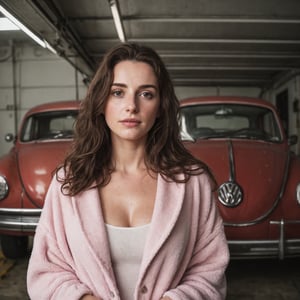 make the background look like a garage with a lot of tools and cabinets in the back, some screws lying around, a barely visible volkswagen car beeing parked in the garage, less lighting, medium hair, detailed face, detailed nose, woman wearing a baby pink bathrobe, standing and looking into the camera as if you caught here in the moment, freckles, smirk, realism, realistic, raw, analog, woman, portrait, photorealistic, analog ,realism
