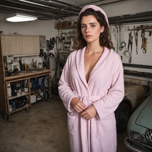 make the background look like a garage with a lot of tools and cabinets in the back, some screws lying around, a barely visible volkswagen car beeing parked in the garage, less lighting, medium hair, detailed face, detailed nose, woman wearing a baby pink bathrobe, standing and looking into the camera as if you caught here in the moment, freckles, smirk, realism, realistic, raw, analog, woman, portrait, photorealistic, analog ,realism