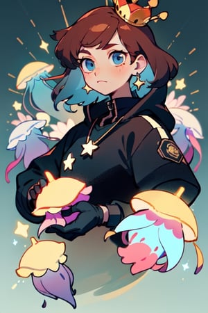 pretty girl, with light blue eyes, brown right hair and white left half, necklace made of gold material in the shape of a jellyfish, gold earrings in the shape of a star, crown of carnations, loose black jacket with a light blue hood, short coffee color, white t-shirt with carnation design, blue gloves with light blue gradient, red lilies background,More Detail,perfect light