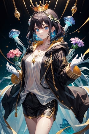 pretty girl, with light blue eyes, black hair, golden material necklace in the shape of a jellyfish, golden star-shaped earrings, crown of carnations, loose black jacket with a light blue hood, brown shorts, white t-shirt with a carnation design, blue gloves with light blue gradient, background of red lilies, background with jellyfish, water powers,,More Detail