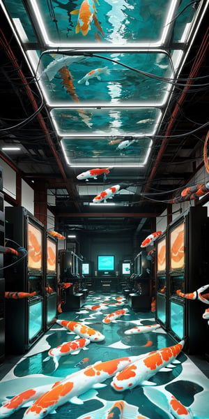 technological laboratory without people with a floor made of crystalline water in which you can see the cables of several computers connected to a large computer that has koi fish as a wallpaper