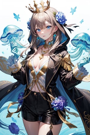 pretty girl, with light blue eyes, brown right hair and black left half, gold material necklace in the shape of a jellyfish, gold star-shaped earrings, crown of carnations, loose black jacket with light blue hood, brown shorts, white t-shirt with design carnation, blue gloves with light blue gradient, background of red lilies, background with jellyfish, water powers, More Detail