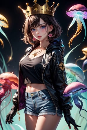 pretty girl, with light blue eyes, brown right hair and black left half, gold material necklace in the shape of a jellyfish, gold star-shaped earrings, crown of carnations, loose black jacket with light blue hood, brown shorts, white t-shirt with design carnation, blue gloves with light blue gradient, background of red lilies, background with jellyfish,More Detail