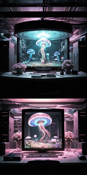 giant technological computer with several printed photographs of glowing jellyfish and people living inside in a bonnet full of flowers inside the computer