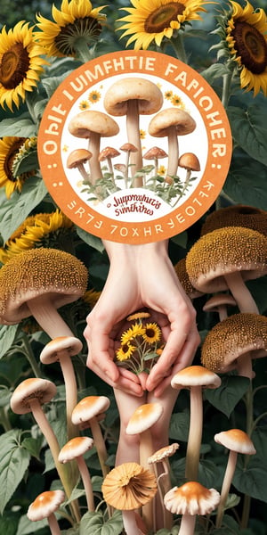 round logo with bright jellyfish, flower fields, mushrooms and sunflowers