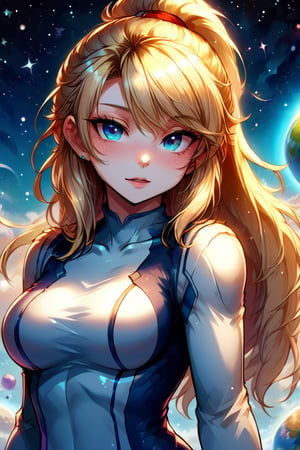 score 9, score 8 up, 1girl, masterpiece,, blonde hair, breasts, glowing, lens flare, long hair, medium breasts, planet, samus aran, space, sparkle, sparkle background, star \(sky\), starry sky, samus aran armor suit