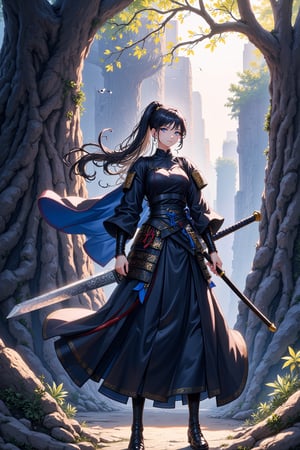 In a dimly lit clearing, a fierce anime female samurai stands poised, her striking presence commanding attention as she faces the viewer with unwavering determination. Clad in intricately detailed armor, its dark lacquer gleaming with hints of crimson, she radiates an air of both strength and grace. Her raven-black hair, tied back in a long, flowing ponytail, cascades down her back, dancing slightly with the gentle breeze that passes through the forest. Her eyes, glinting like polished obsidian, are filled with an intense focus, daring anyone to challenge her. In her hands, she wields a massive katana, its blade reflecting fractured beams of light, giving off a sharp sheen that suggests a well-honed edge eager for action. The sword's ornate hilt is wrapped in deep blue fabric, the color symbolizing loyalty and honor, while engravings of ancestral motifs spiral elegantly along the blade, telling tales of her lineage and battles fought. Surrounding her, the thick bark of ancient trees looms on either side, their gnarled roots snaking through the rich, loamy earth. The tranquil sounds of rustling leaves and distant birdsong contrast sharply with her fierce stance, creating an intense atmosphere thick with anticipation. Ethereal beams of sunlight pierce through the foliage above, illuminating her figure in a halo-like glow, as if nature itself acknowledges her prowess. In this moment, she embodies the spirit of a warrior, ready to defend her honor and face any threat head-on, leaving the viewer both awed and slightly intimidated by her undeniable presence.