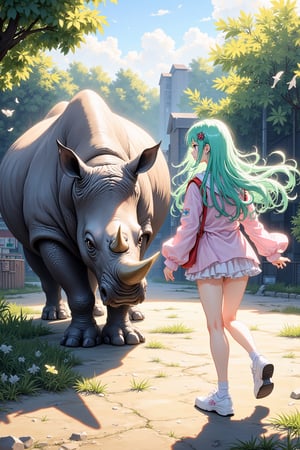 In a vibrant, bustling zoo filled with the laughter of children and the distant sounds of exotic animals, a striking anime woman with vivid green hair stands captivated by the imposing figure of a rhinoceros. Her bright eyes, sparkling with curiosity and wonder, reflect the beauty of this sunlit day. The rhinoceros, with its thick, gray skin that resembles weathered armor, grazes lazily in its spacious enclosure, surrounded by lush greenery and patches of golden earth. The air is rich with the mingling scents of fresh grass, animal feed, and the faintest whiff of sweet cotton candy from a nearby vendor. The woman leans slightly forward, her pastel-colored anime outfit flaring gently in the warm breeze, as she watches the rhino’s powerful frame move with surprising grace. Around her, the sounds of chirping birds and excited children create a lively backdrop, while the sun casts dappled shadows through the leaves overhead, creating a picturesque scene. The woman’s expression shifts from awe to delight as the rhino suddenly snorts, kicking up a little dust, drawing her eyes wide with excitement. It's a moment of connection between her vibrant spirit and the tranquil strength of the creature before her.