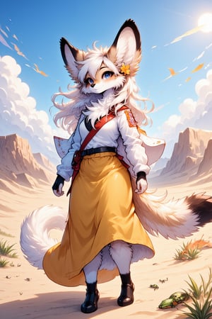 In the vast expanse of the sun-drenched desert, a spirited nomadic fennec furry girl stands atop a windswept dune, her soft, sandy-colored fur shimmering like gold in the bright sunlight. Her large, expressive ears twitch playfully, capturing the distant sounds of the shifting sand and the faint rustle of lizards scurrying beneath her feet. Clad in light, flowing garments that flutter gently in the warm breeze, she embodies the essence of freedom and adventure. The vibrant reds and oranges of her clothing contrast beautifully with the deep blue sky above. Around her, the desert is a tapestry of shifting hues, where ripples in the sand create mesmerizing patterns that stretch endlessly toward the horizon. A few scraggly tufts of resilient desert grass break the monotony, their stubborn green a testament to survival. As the sun begins its descent, the sky ignites with streaks of vivid pinks and purples, transforming the landscape into a magical oasis of color. She crouches down to examine a delicate wildflower that has bravely bloomed in this arid environment, a symbol of hope and resilience. Her heart swells with a sense of wonder, as she briefly closes her eyes to bask in the warmth of the sun on her face and the refreshing scent of the warm earth. The air is infused with the faint aroma of sun-baked sand, mingling with a subtle sweetness from the occasional flowering desert plant. In this serene moment, the fennec furry girl feels connected to the vastness around her, embodying the spirit of exploration and the love for her untamed home. She prepares to continue her journey across the desert, eager to discover what secrets lie beyond the next dune.,AFG,anthro, furry, fluxxy, fluffy