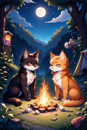 In a serene, moonlit clearing deep within a lush, emerald forest, two playful female AFG furry anthro cats, one with sleek black fur shimmering like onyx and the other with fluffy orange fur bright as autumn leaves, sit side by side by a crackling campfire. The flame flickers, casting dancing shadows on their faces, illuminating their sparkling, curious eyes. Their camp setup is cozy, featuring a vibrant patchwork tent adorned with whimsical designs and a woven blanket draped over a log. The air is crisp, filled with the earthy aroma of pine and the smoky scent from the fire, intermingled with the sweet fragrance of wildflowers. Above, a velvet sky blankets the world, studded with twinkling stars that mirror the sparkle of their playful camaraderie. Soft whispers of the night wind rustle the leaves, while the comforting sounds of nocturnal creatures create a serene soundtrack. As the two friends toast fluffy marshmallows on long sticks, laughter fills the air, echoing through the quiet woods. Their animated chatter mingles with the gentle crackle of the fire, creating an atmosphere of warmth and joy. The moon, full and resplendent, bathes the scene in a silvery glow, enhancing the enchanting, magical aura of their nighttime adventure.