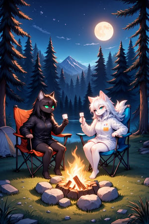 In a serene, moonlit clearing deep within a lush, emerald forest, two playful AFG furry anthro cats women are sitting on camp chair around a cozy campfire in a moonlit forest clearing. One is a sleek black cat with glowing green eyes and short fur, wearing a casual outdoor jacket, while the other is a fluffy white cat with sky-blue eyes and longer fur, dressed in a hoodie. The flickering campfire illuminates their faces as they chat and roast marshmallows. Behind them, tall pine trees and a starry sky create a peaceful, natural backdrop. A small tent is pitched nearby, and fireflies dance in the distance. The scene is serene and warm, with a soft glow from the fire contrasting the dark, cool night.